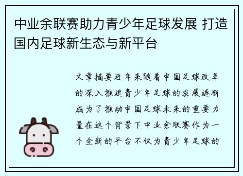 中业余联赛助力青少年足球发展 打造国内足球新生态与新平台